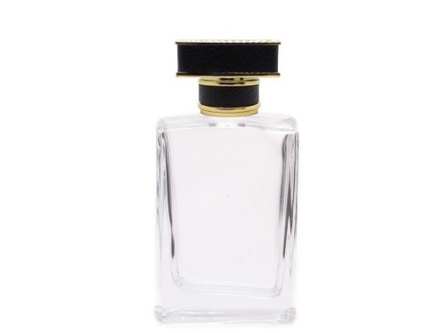 50ml alabaster slim clear perfume bottle with square black gold leather cap